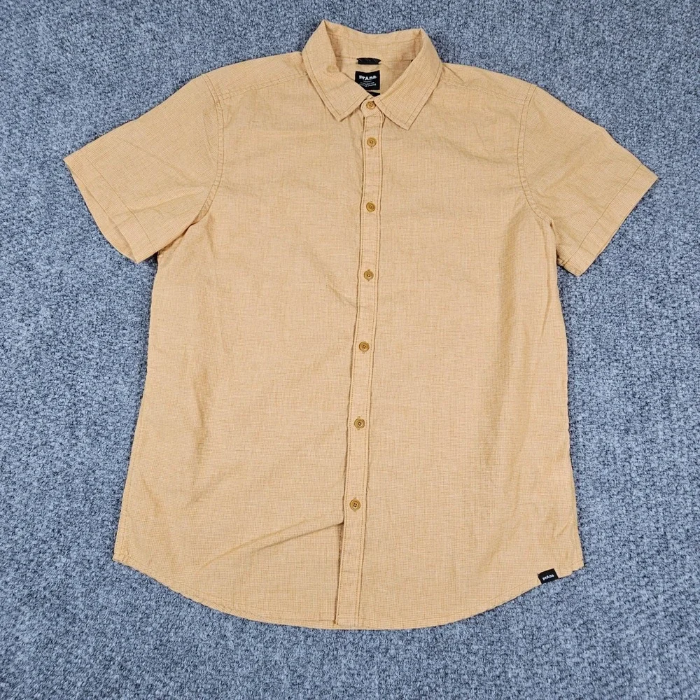 Prana Mens Short Sleeve Hemp Blend Button Down‎ Shirt Mustard Yellow Medium